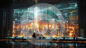 A futuristic depiction of the stock market features a massive digital wall that displays realtime stock prices and photo