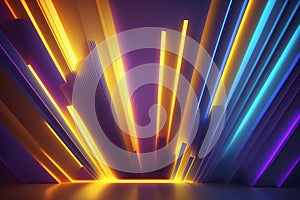 Futuristic desigh of glowing neon lines. 3d render of abstract neon geometric background. Stage laser show lighting. Colorful neon