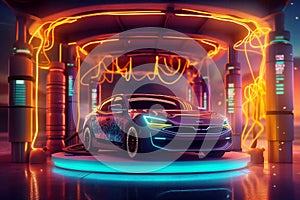 Futuristic design of electric car at charging station