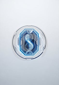 Is set against a high-tech background with geometric patterns