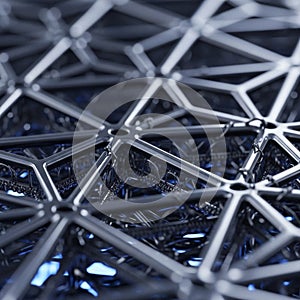 Futuristic design featuring a complex geometric pattern composed of interconnected metallic rods