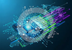 Futuristic design illustrates themes of computing, data exchange, and