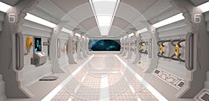 Futuristic design spaceship interior with metal floor and light panels