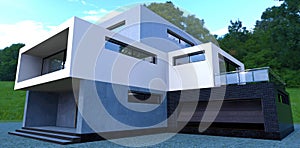 Futuristic design of a three-story country house. Entrance to building and garage. Finishing the facade with concrete and black