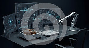 A futuristic desk with multiple transparent screens, quantum computing device and a robotic assistant arm.