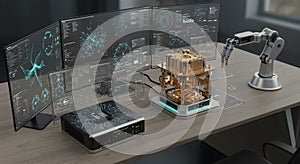 A futuristic desk with multiple transparent screens, quantum computing device and a robotic assistant arm