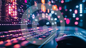 Futuristic Desktop with Glowing Keyboard, Mouse, and Abstract Digital Interface