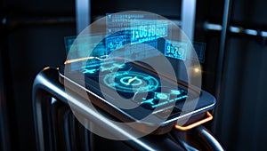 Futuristic Device Displaying Advanced Technological Data Holograms