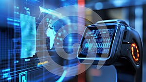 Futuristic device displaying complex data and global map in a technological environment