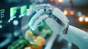 Futuristic diet assistant robot scans organic food with advanced technology in a modern kitchen setting