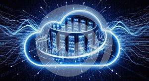 Abstract neon blue cloud computing and data server technology background