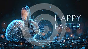 Futuristic digital age Easter card with polygonal rabbit illustration and glowing Happy Easter message