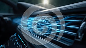 Futuristic digital airflow visualization inside a modern vehicle dashboard