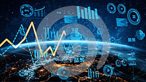 Futuristic Digital Analytics Concept Over Globe with Financial Data, Graphs, Charts, and Data Visualization Elements in