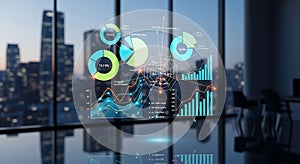 Futuristic digital analytics dashboard displaying data visualization and charts in office