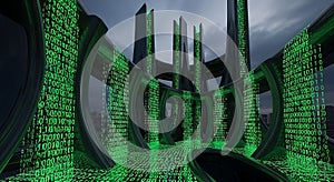 Futuristic Digital Architecture with Green Binary Code Stream