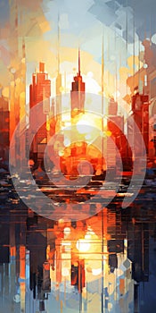 Futuristic Digital Art: Abstract City Sunrise Painting