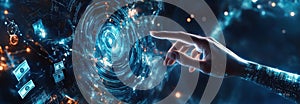 Futuristic digital art featuring a hand interacting with a glowing virtual interface in a technological space.