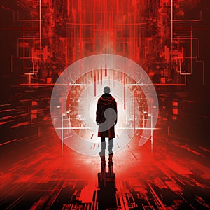 Futuristic Digital Art: Person In Red Coat Amidst Neon Lights