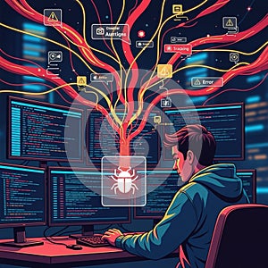 Futuristic digital artwork depicting a programmer at a desk with multiple computer