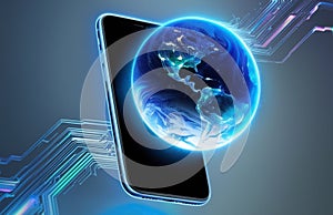 Futuristic Digital Artwork: Earth Emerging from Phone photo