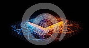 Futuristic digital artwork features a central rectangular structure illuminated