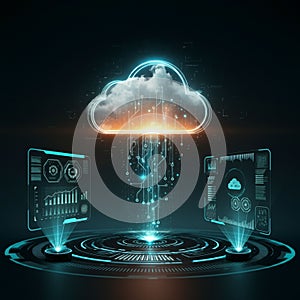 Futuristic digital artwork featuring a glowing cloud with circuit patterns, symbolizing