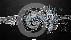 Binary code and geometric shapes are present, symbolizing technology