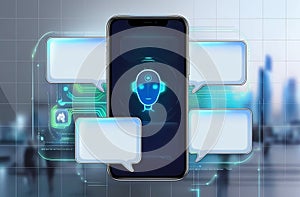 A futuristic digital assistant chatbot interface displayed on a smartphone with transparent conversation bubbles and data