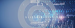 Futuristic digital background with binary code and data visualization on blue backdrop. 3D Rendering