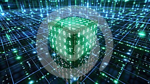 Binary Code Cube in Futuristic Digital Matrix