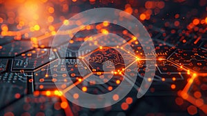 Futuristic Digital Background with Glowing Hexagonal Patterns and Circuitry Elements in a HighTech Abstract Design