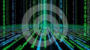 A futuristic digital background with green and blue binary code streaming downwards