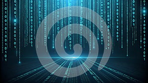 Futuristic Digital Binary Code Background with Glowing Perspective Grid