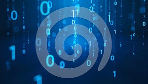Futuristic digital binary code flowing down on a blue background, modern and abstract