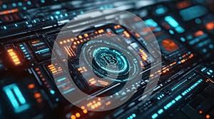 Futuristic digital bitcoin interface with colorful technology circuit