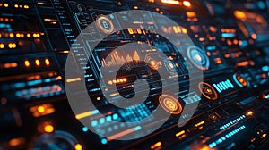 Futuristic digital bitcoin interface with colorful technology circuit