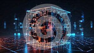 Futuristic Digital Blockchain Cube Over Circuit Grid