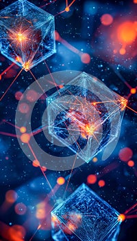 Futuristic digital blockchain network with glowing cubes and interconnected data points