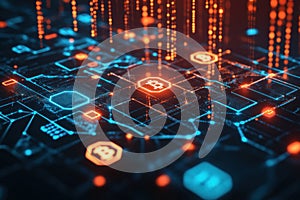 Futuristic digital blockchain network with glowing data nodes and bitcoin symbols