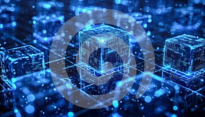 Futuristic digital blockchain technology with glowing cubes and network grid at night