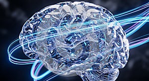 Futuristic digital brain with blue light energy waves symbolizing thought and intelligence