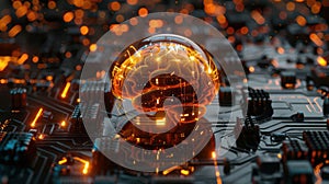 Artificial Intelligence Brain on a Circuit Board Background, Hi-Tech Innovation