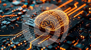 Artificial intelligence brain glowing on computer circuit board, technology and innovation concept