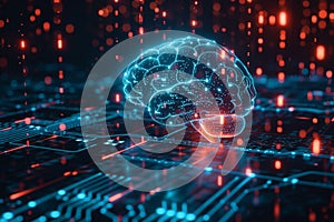 Futuristic digital brain with glowing circuits and binary code patterns.