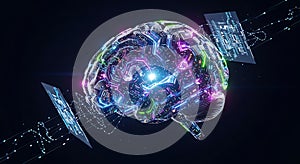 Futuristic digital brain with glowing circuits and data streams in abstract sci-fi concept