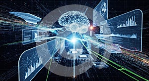 Futuristic digital brain interface displaying data streams and neural network connections