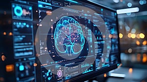 Futuristic digital brain interface with glowing neural network visualization, complex data analysis