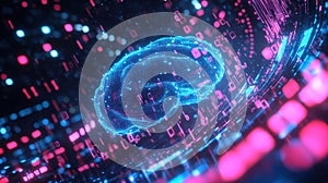 Futuristic digital brain in neural network with binary code and bright neon lights in a vibrant concept of artificial
