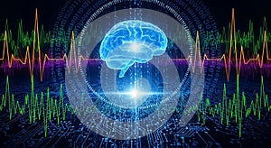 Futuristic digital brain with neural network and data streams